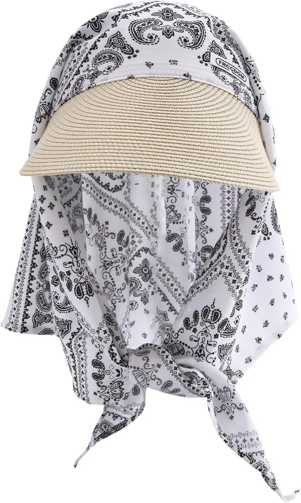 Women Sun Hats with Headscarf, Summer Straw Sun Visors Headscarf Beach Visor Hat Wide Brim UPF 50+ UV Protection - Image 2
