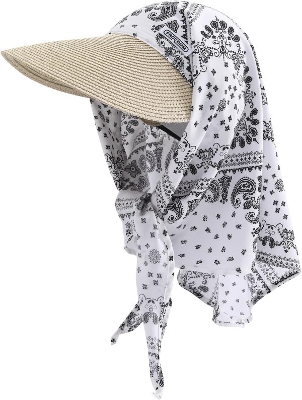 Women Sun Hats with Headscarf, Summer Straw Sun Visors Headscarf Beach Visor Hat Wide Brim UPF 50+ UV Protection
