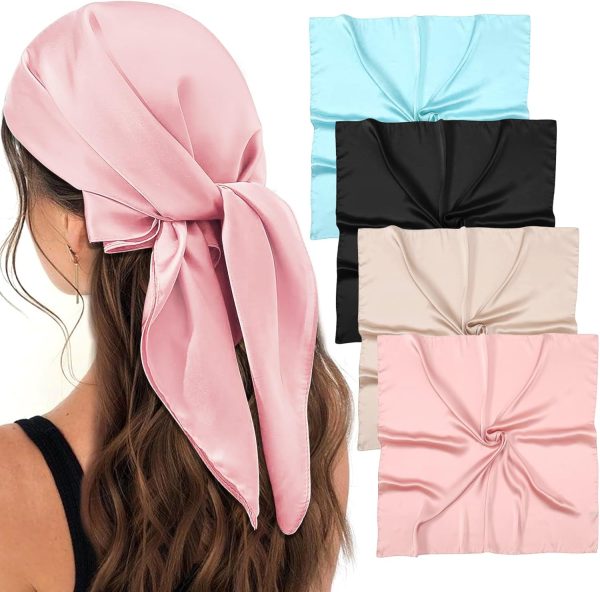 4Pcs 27.5 Inch Satin Square Head Scarf Silk Scarf Fashion Lightweight Neck Scarf Bandanas Sleeping Head Wraps For Women (Sky Blue+Black+Champagne+Pink)