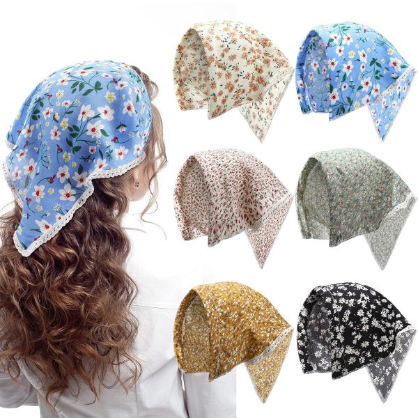 6 Pcs Floral Hair Scarf Headbands for Women Bohemian Style Headscarf with Hard Headband Triangle Kerchief Print Chiffon Flower Lace Scarf Headbands for Women