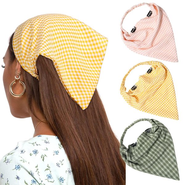3PCS Chiffon Floral Print Hair Scarf Headband with Hair Clip Kerchief Head Scarf Bandana for Women (Plaid, Green/Yellow/Pink)