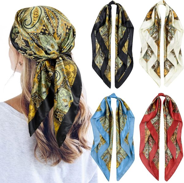 4 Pcs 35'' Satin Head Scarf Silk Feeling Neck Scarves Hair Wrap for Sleeping Large Square Headscarf for Women