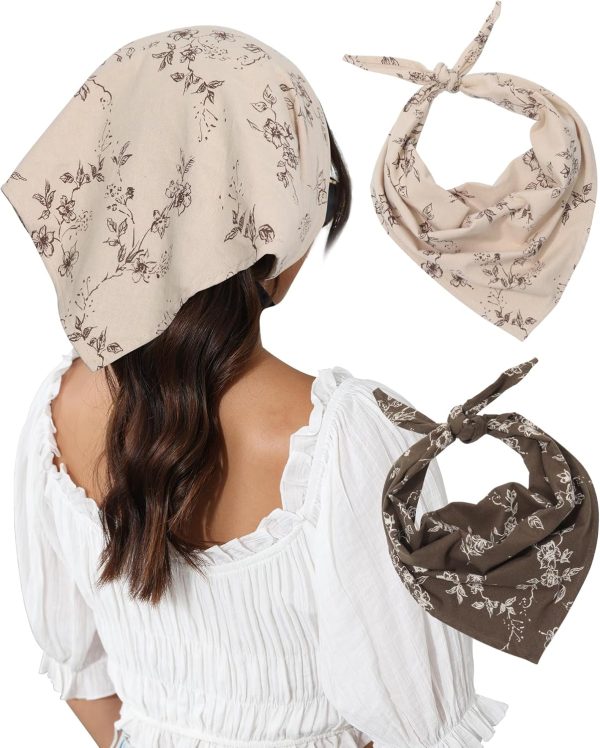 Cotton Floral Hair Scarf - 2PCS Hair Scarves and Bandanas for Women Triangle Kerchief for Girls